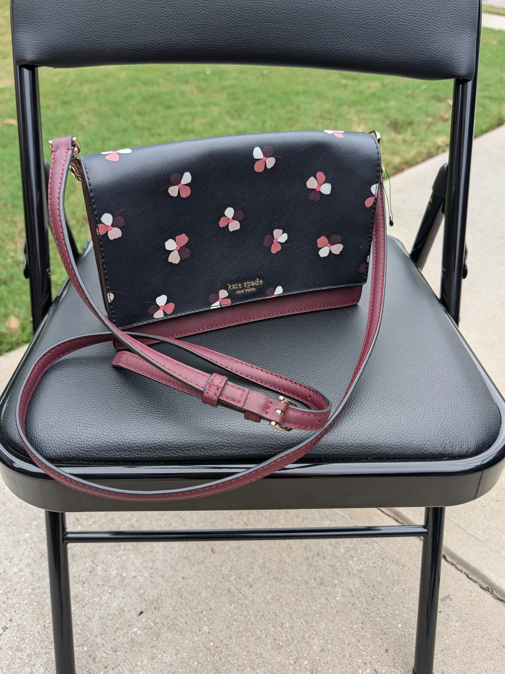 kate spade Black Floral Crossbody with Burgundy Strap and Pink Flower Accents